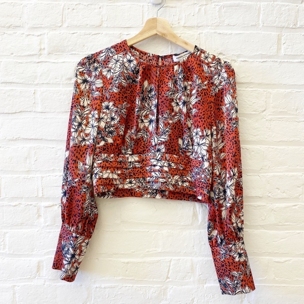Amanda Uprichard || Samira Floral Leopard Keyhole Blouse Orange /‎ Leopard Small
